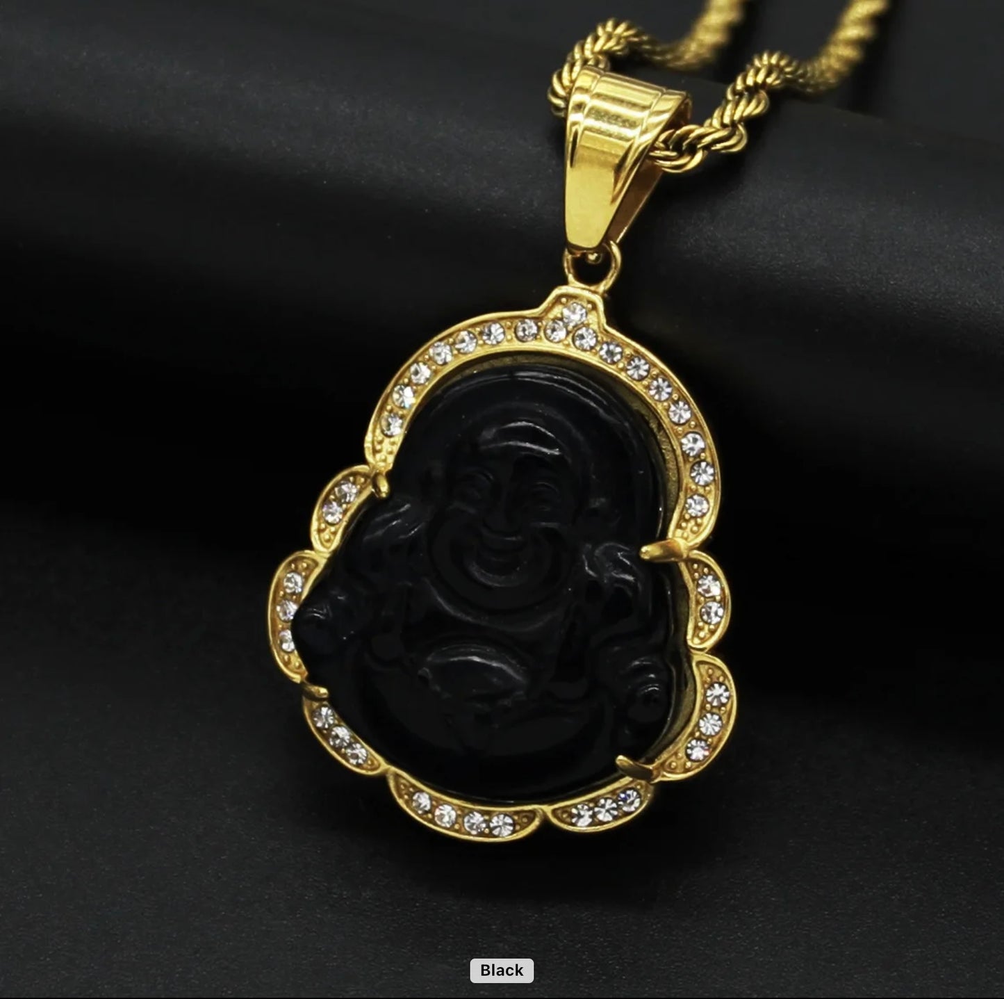 Crystal Rim Natural Jade Buddha Necklace