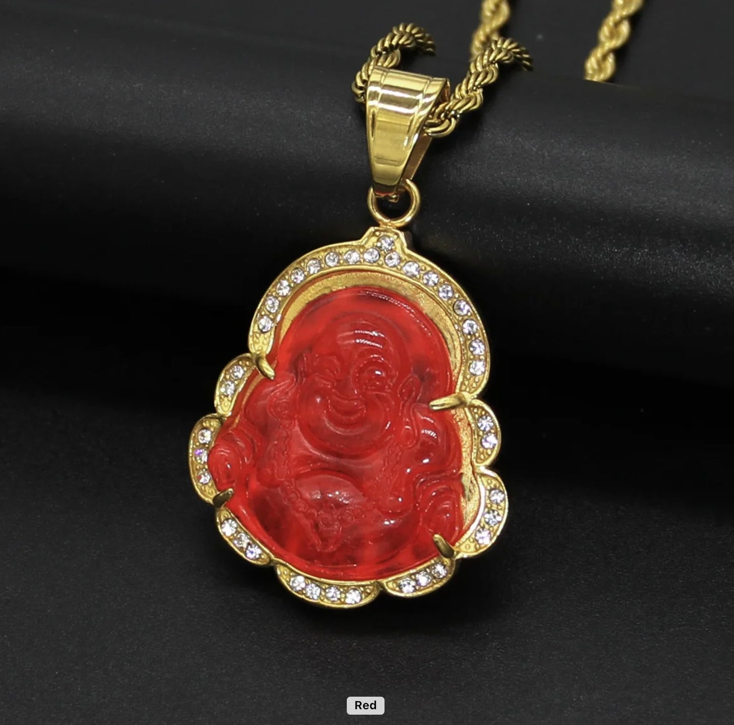 Crystal Rim Natural Jade Buddha Necklace