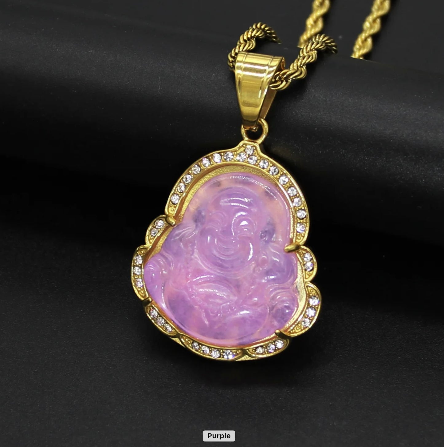 Crystal Rim Natural Jade Buddha Necklace