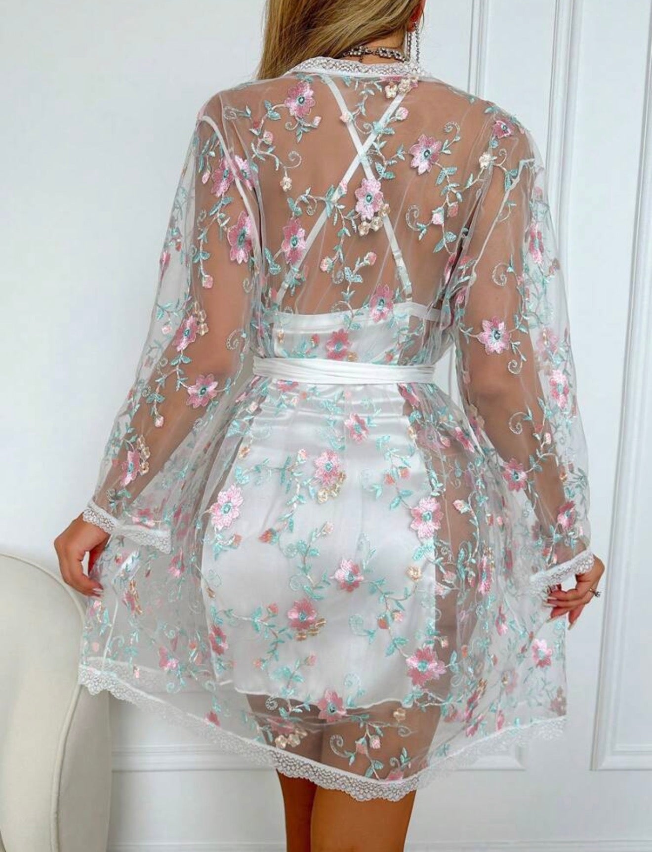 Floral Satin Lace Lingerie Pajama Set